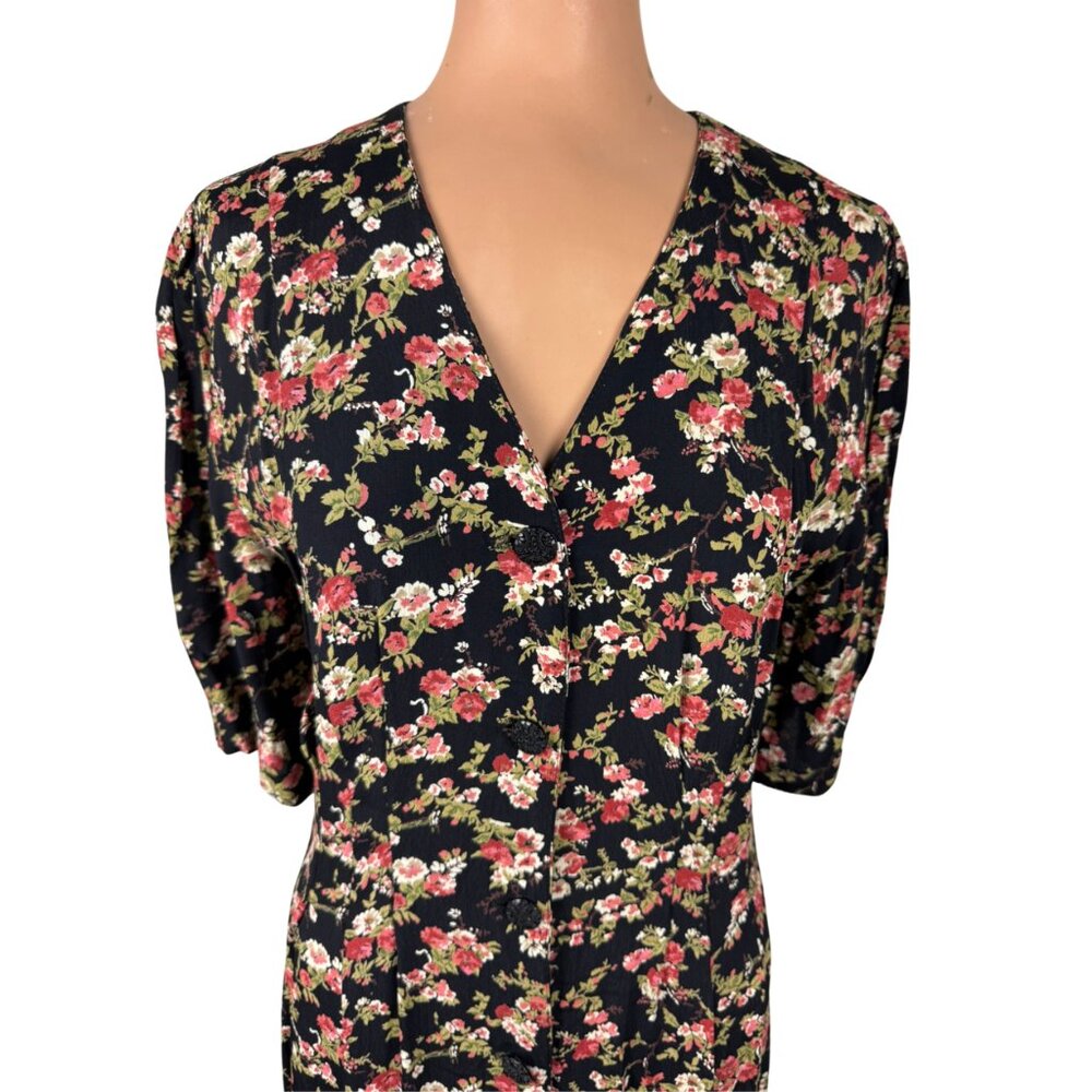 Vintage 90s Express Floral Maxi Dress Button Down Prairie Cottagecore Black